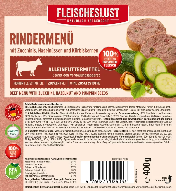 Rindermenü mit Zucchini, Haselnuss und Kürbiskernen 400g